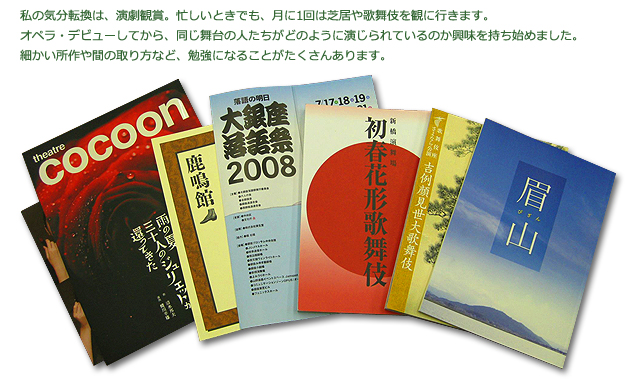 私の気分転換は、演劇観賞。忙しいときでも、月に1回は芝居や歌舞伎を観に行きます。オペラ・デビューしてから、同じ舞台の人たちがどのように演じられているのか興味を持ち始めました。細かい所作や間の取り方など、勉強になることがたくさんあります。